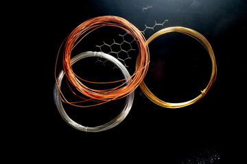 Wire rolls of four different metal. Gold, copper, silver. And a piece of wire fence.