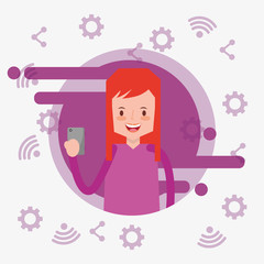 woman in banner color user smartphone social media web network communication vector illustration