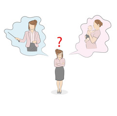 illustration of a woman standing and choosing a career or family. vector illustration.