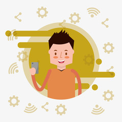 man in color label using smartphone social network media items vector illustration