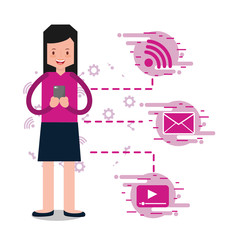 standing woman user smartphone social network apps web illustration