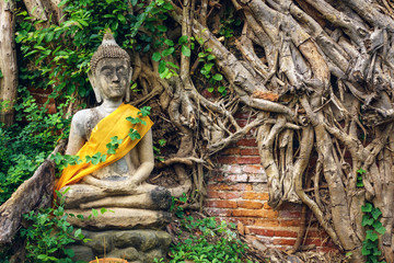 Ancient Buddha Statue with tree roots and brick wall background in the Historical Park of Ayutthaya Thailand
