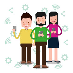 young people man and woman using smartphone technology communication vector, illustration,