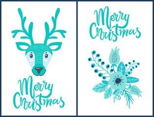 Merry Christmas Deer, Flower Vector Illustration