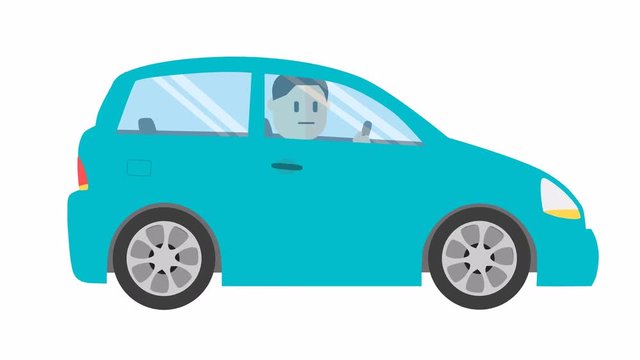 blue car with driver rides on white background, on green background