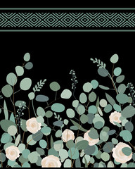 Elegant seamless pattern with silver dollar eucalyptus branches and roses on black background. Vector