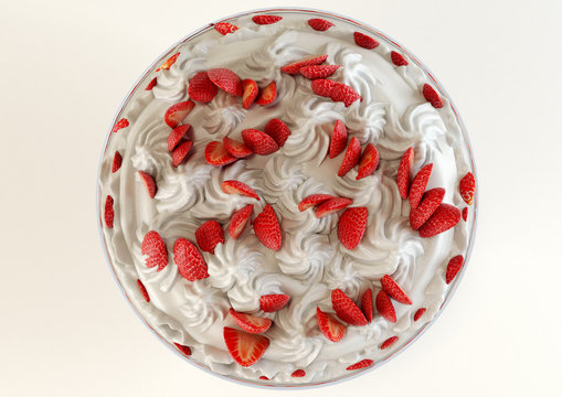 A 3D illustration of a strawberry meringue dessert