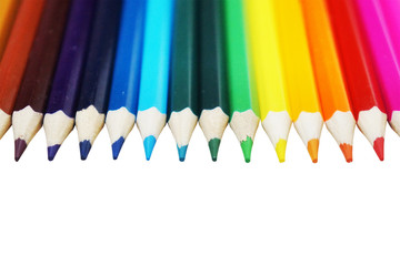 Color pencils isolated on white background, side view. Design element, card with empty space for text or sign