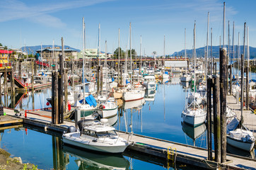 Harbour with Boats Tied up to Jetties on a Clear Summer Morning. Campbell River, Vancouver Island, BC, Canada. © alpegor