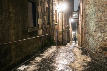 Narrow Downhill Stairway in Old Town Edinburgh on a Winter Night