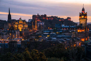 Fototapeta na wymiar Edinburgh Old Town as Seen From Calton Hill at Twilight