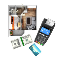 Concept of purchase or payment for housing Apartment layout with a stack of money american hundred dollar bills and POS terminal isolated on white background 3d without shadow