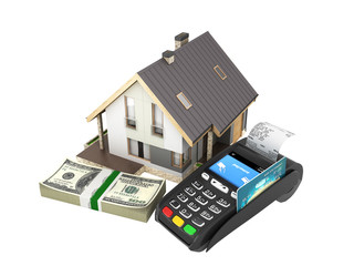 Concept of purchase or payment for housing House with a stack of money american hundred dollar bills and POS terminal isolated on white background 3d without shadow