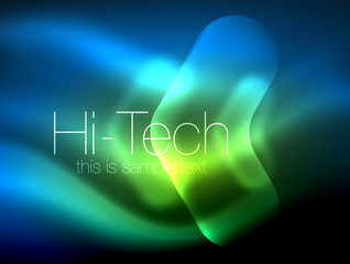 Blurred arrows in dark space. Neon pointers, glass glossy design, abstract shiny techno background, web banner