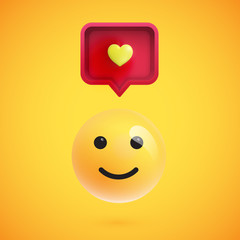 Funny 3D emoticon with 3D speech bubble and a heart, vector illustration