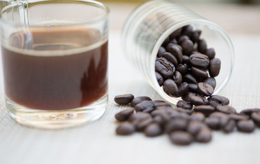 Closed up coffee bean in glass and coffee background