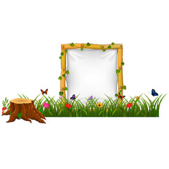 Empty paper blank on wooden signboard in the garden
