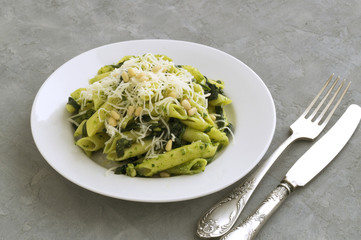 Penne pasta with spinach on grey background.
