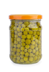 Glass jar with preserved green peas