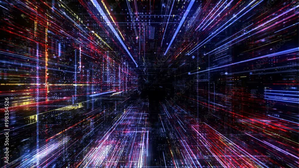 Poster Abstract digital abstract virtual city. Scanning city for hackers attack concept. Software developer, programming, binary computer code with technology and connection concept. 3D render 4K loop