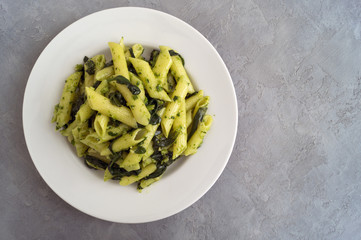 Penne pasta with spinach on grey background.