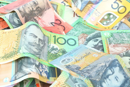 Group of colorful australian money banknote dollar (AUD) pile, can use for background