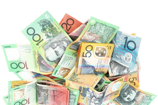 Group of colorful australian money banknote dollar (AUD) pile on white background