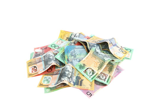 Isolated group of colorful australian money banknote dollar (AUD) pile on white background