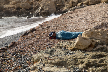 campaign with a tent in ocean roofing felt
