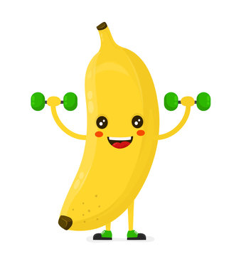 Cute happy smiling banana doing exercises