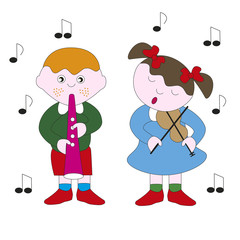Boy and girl playing a melody on a musical instrument.