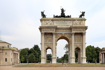 Italy, Milan historic quarter - Arch of the Peace at the Piazza Sempione square near the Castello...