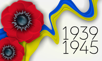 Victory Day card 9th May. Yellow blue ribbon colors of the national flag of Ukraine and poppy flower symbol of the memory of World War 2.  