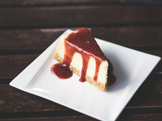 Close up of Strawberry Cheesecake served in cafe.