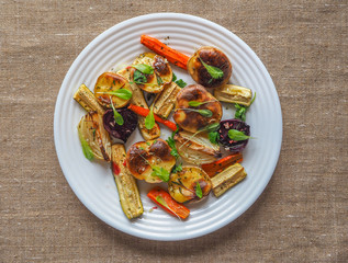 Vegetable garnish grill. The view from the top. Simple healthy diet food.
