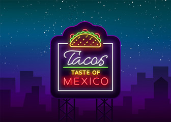 Taco logo vector. Neon sign on Mexican food, Tacos, street food, fast food, snack. Bright neon billboards, shining nightly ads of tacos, Mexican food, cafes, restaurants, dining snack bars dining