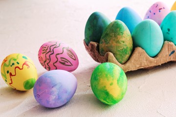 Colorful Handmade easter Eggs decorated by kids