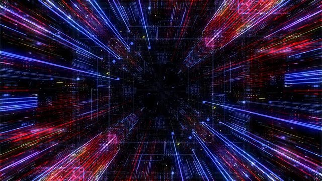 Abstract digital abstract virtual city. Scanning city for hackers attack concept. Software developer, programming, binary computer code with technology and connection concept. 3D render 4K loop