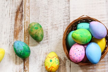 Colorful Handmade easter Eggs decorated by kids