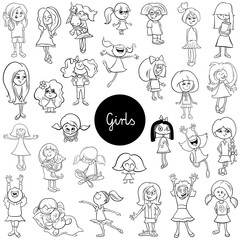 cartoon kid girls characters set color book