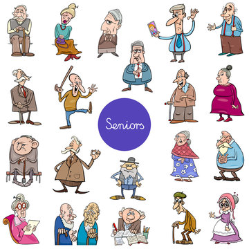 cartoon senior people characters big set