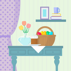 Easter flat vector illustration. There is festive cake on plate, basket with painted eggs and vase with tulips on the table.