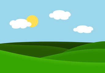 Flat design illustration of landscape with meadow and hill under blue sky with sun and clouds
