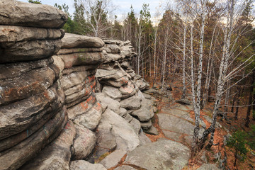 Wall made of large stones in the forest
