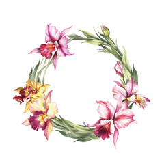 Obraz premium A wreath of Orchids. Hand draw watercolor illustration.