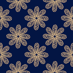 Golden floral seamless pattern on blue background