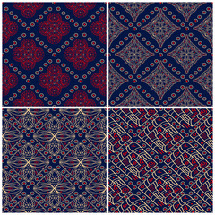 Seamless backgrounds. Blue beige and red classic sets with geometric patterns