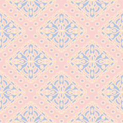 Geometric seamless pattern. Pale pink background with blue and beige elements