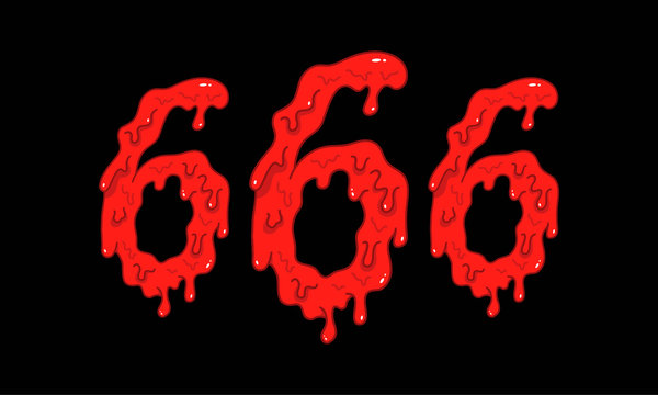 Cartoon illustration of the bloody numbers 666 on black background. Hell, death and satan symbol.