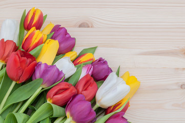 A huge bunch of colorful large spring tulips in the lower left corner of the image on a background of light wood.